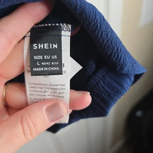 Navy Blue Textured Cotton Peasant Shirt with Ruffle Neckline and Balloon Sleeves - Picture 5 of 9